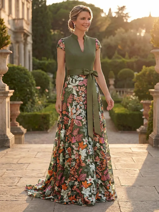 Loverlm olive green floral Mother of the Bride dress with notch neck cap sleeves tie waist and floor-length skirt