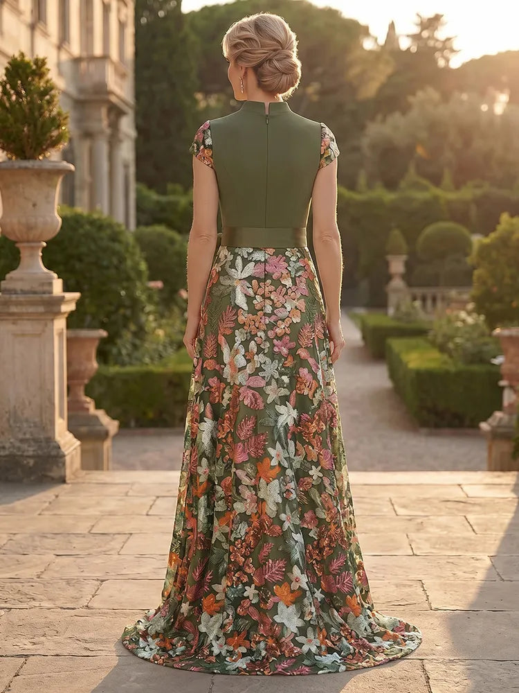 Elegant A-Line Notch-Neck Cap-Sleeve Floral Jacquard Floor-Length Mother of the Bride Dress
