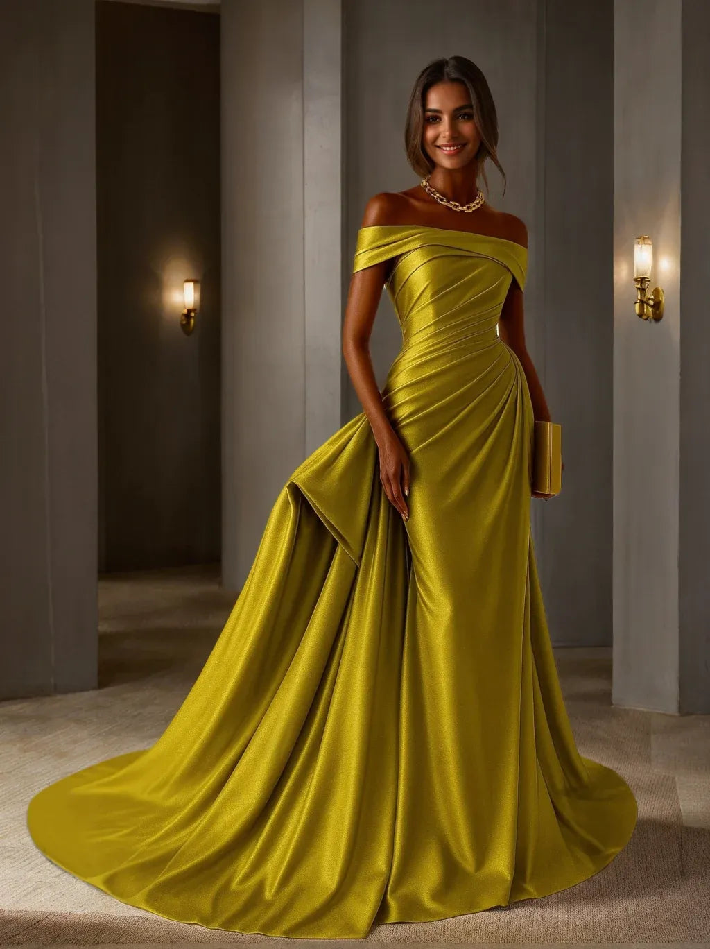 Front view of Loverlm olive gold off-shoulder satin evening dress with ruched bodice, draped side panel, mermaid skirt and sweep train