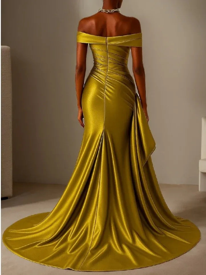 Glamorous Mermaid Off-Shoulder Sleeveless Zipper-Back Floor-Length Satin Evening Dress