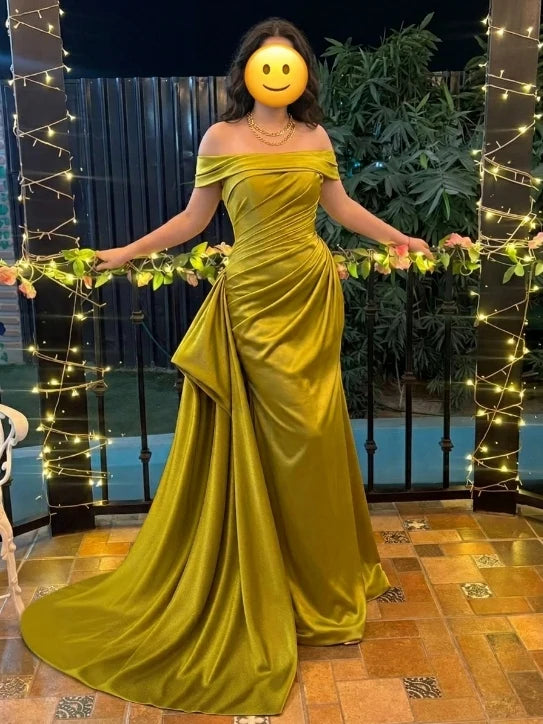 Glamorous Mermaid Off-Shoulder Sleeveless Zipper-Back Floor-Length Satin Evening Dress