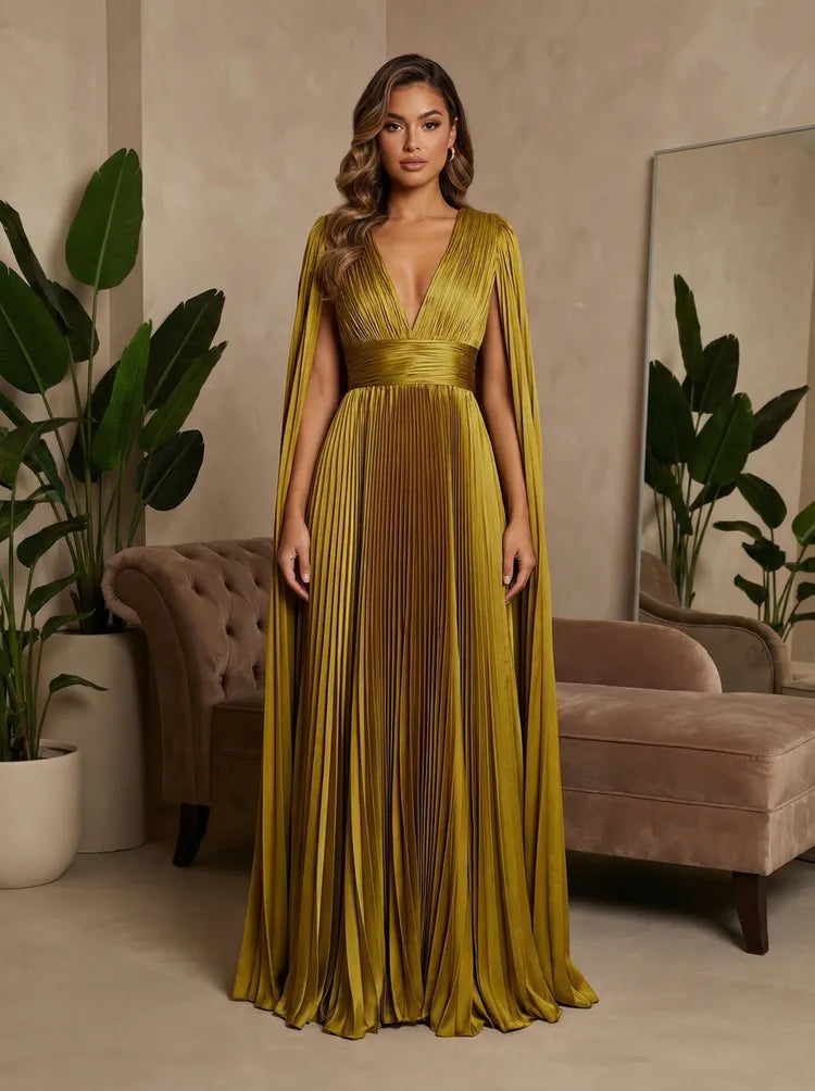 Loverlm olive gold pleated satin deep V-neck cape sleeve evening dress front view