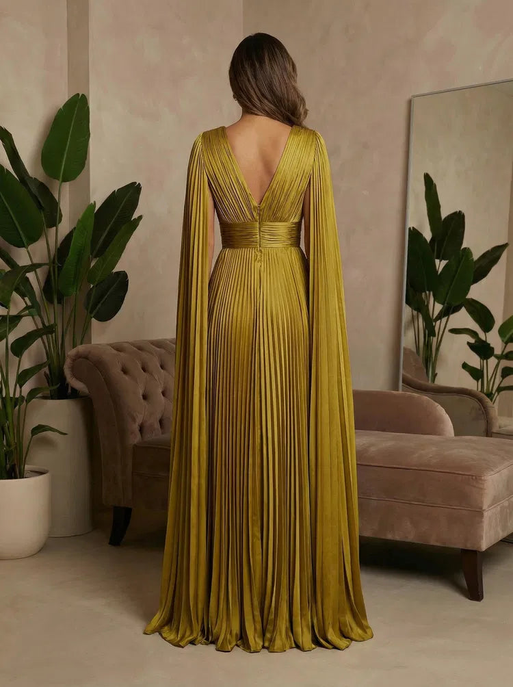 Elegant A-Line Deep V-Neck Cape Sleeve Pleated Satin Floor-Length Evening Dress
