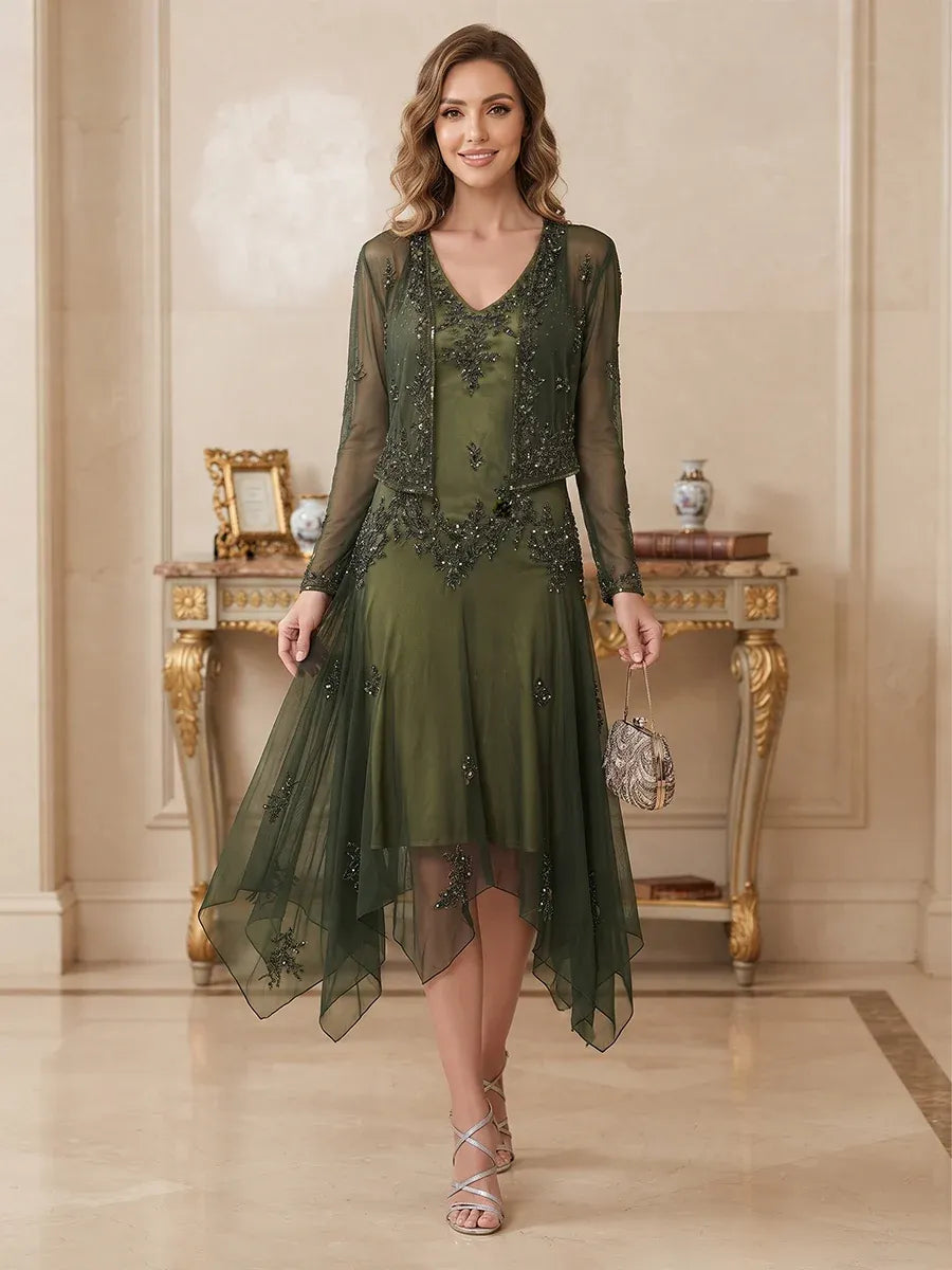 Loverlm olive green mother of the bride dress front view with V neckline, sheer beaded long sleeves and asymmetric layered skirt