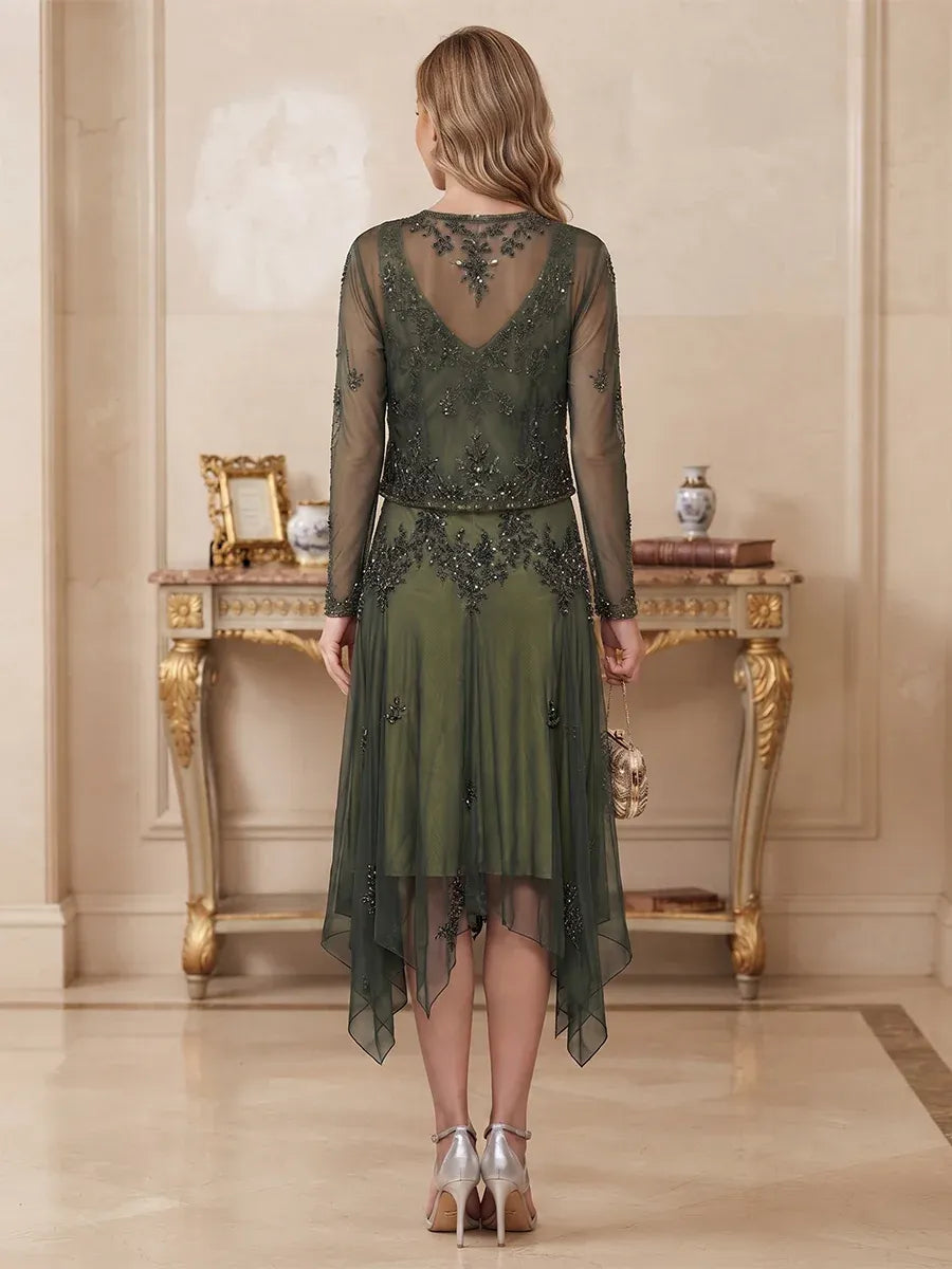 Elegant A-Line V-Neck Long Sleeve Sheer Back Asymmetric Mother of the Bride Dress