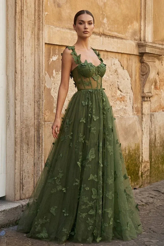 Loverlm olive green tulle A-line prom dress with sweetheart neckline, butterfly lace straps, sheer corset bodice, and floral skirt