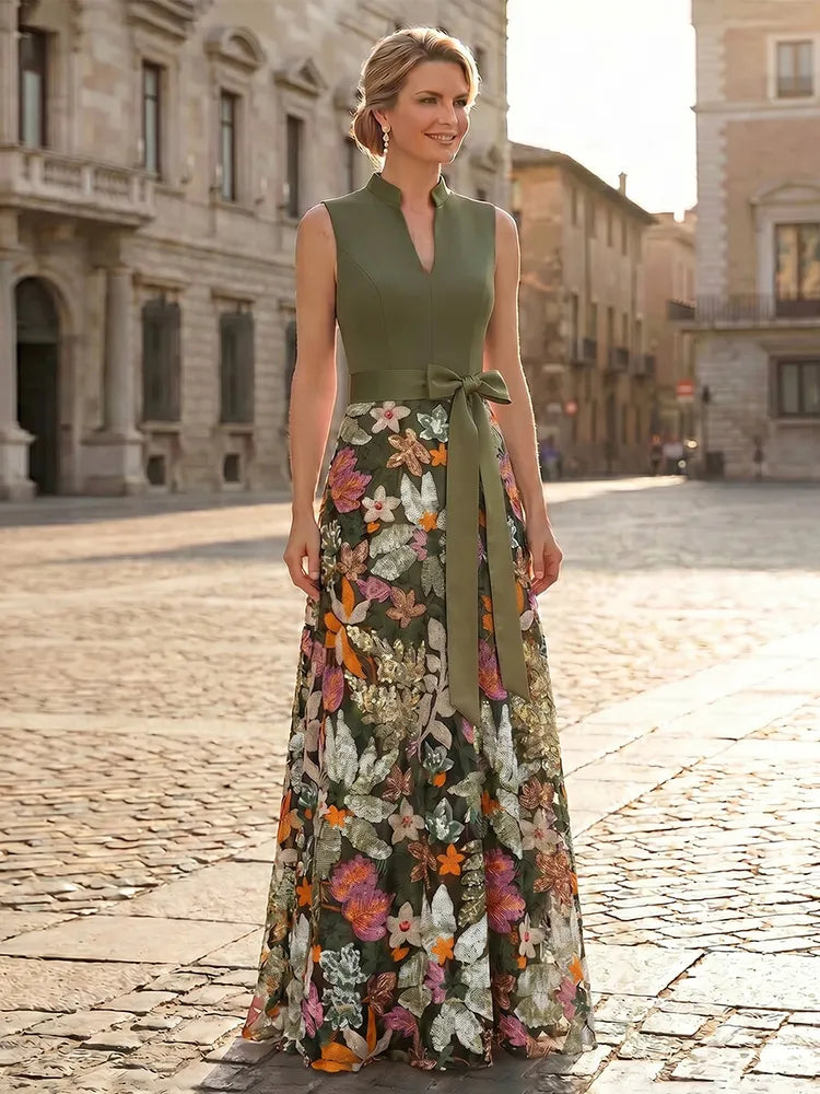 Loverlm olive green Mother of the Bride dress with mandarin neckline sleeveless bodice bow waist and multicolor floral embroidered floor-length skirt
