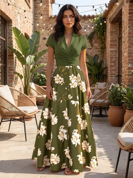 Loverlm olive green Mother of the Bride dress with V-neck short sleeves ruched bodice ivory floral print and floor-length A-line skirt