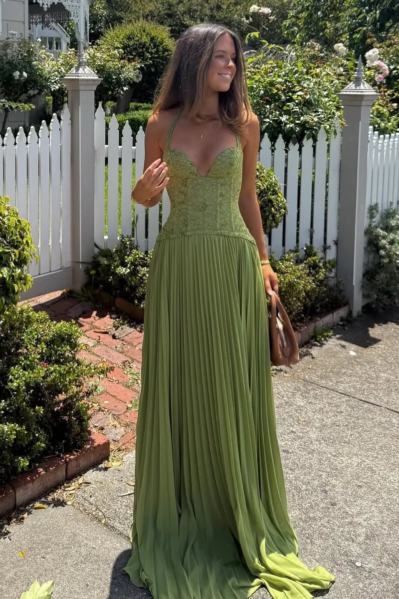 Loverlm olive green prom dress with a sweetheart halter neckline, fitted lace corset bodice and floor-length pleated chiffon A-line skirt, front view.