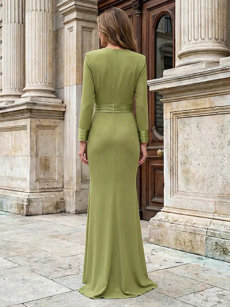 Elegant Sheath V-Neck Long-Sleeve Floor-Length Mother of the Bride Dress