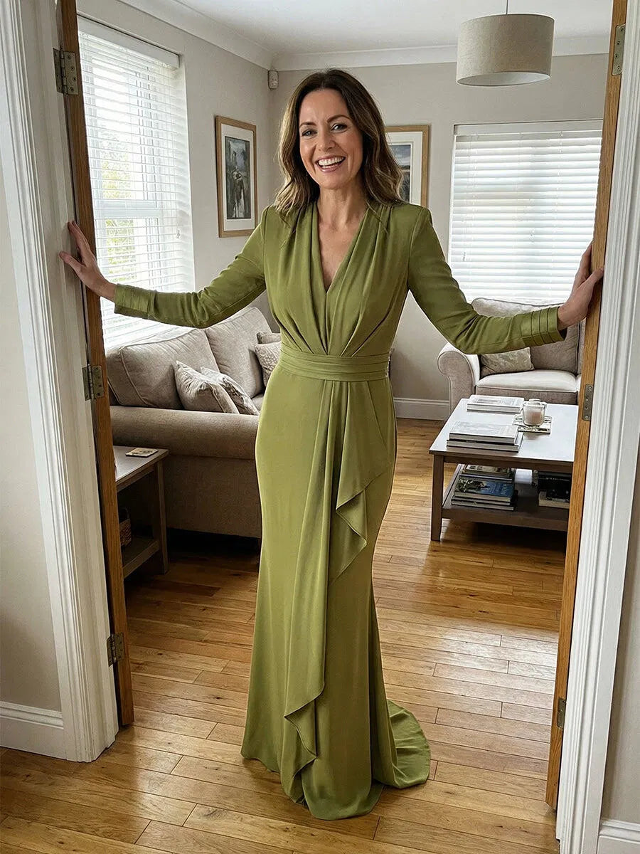 Elegant Sheath V-Neck Long-Sleeve Floor-Length Mother of the Bride Dress