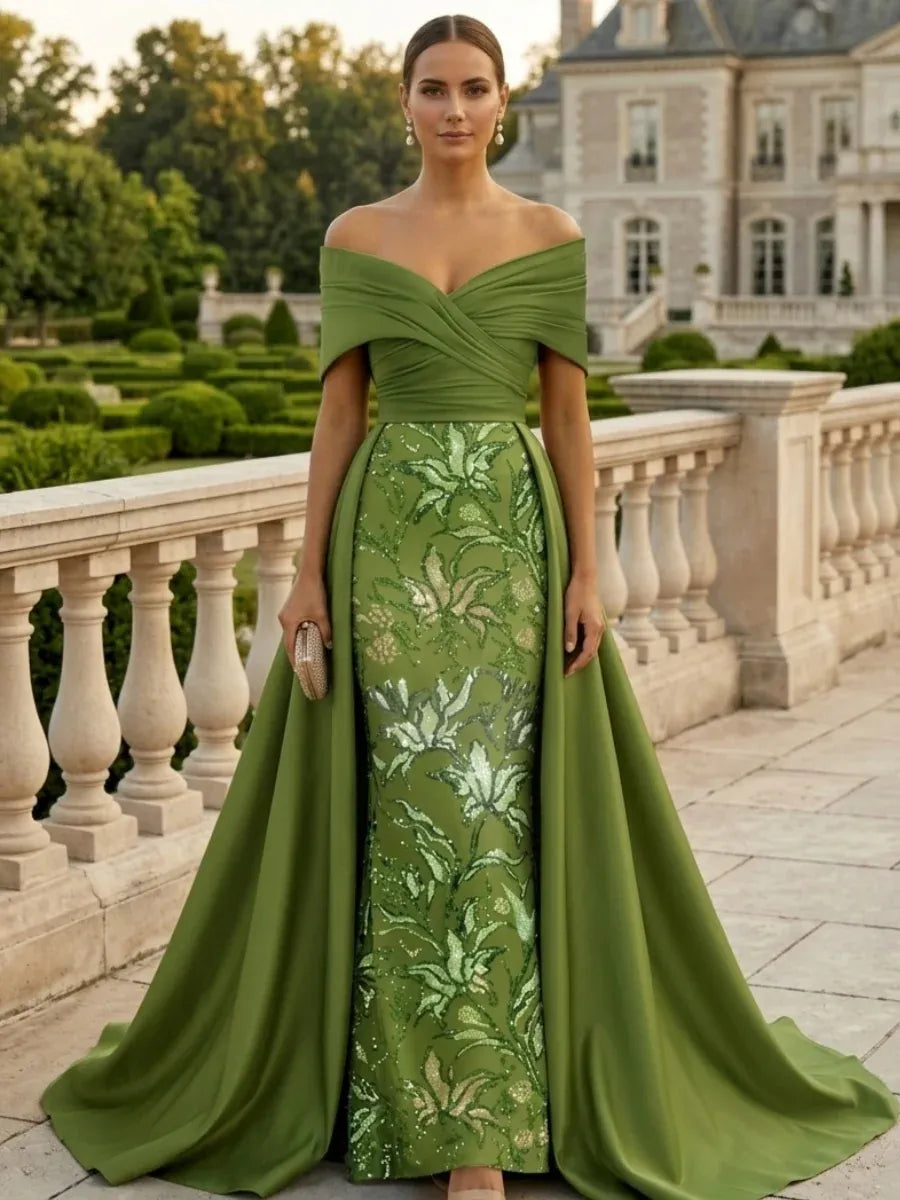 Loverlm olive green off-shoulder mother of the bride dress with sequin panel