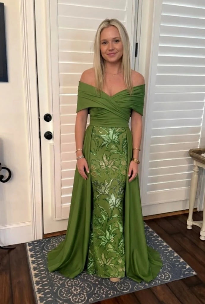 Elegant A-Line Off-Shoulder Short-Sleeve Zip-Back Floor-Length Mother of the Bride Dress