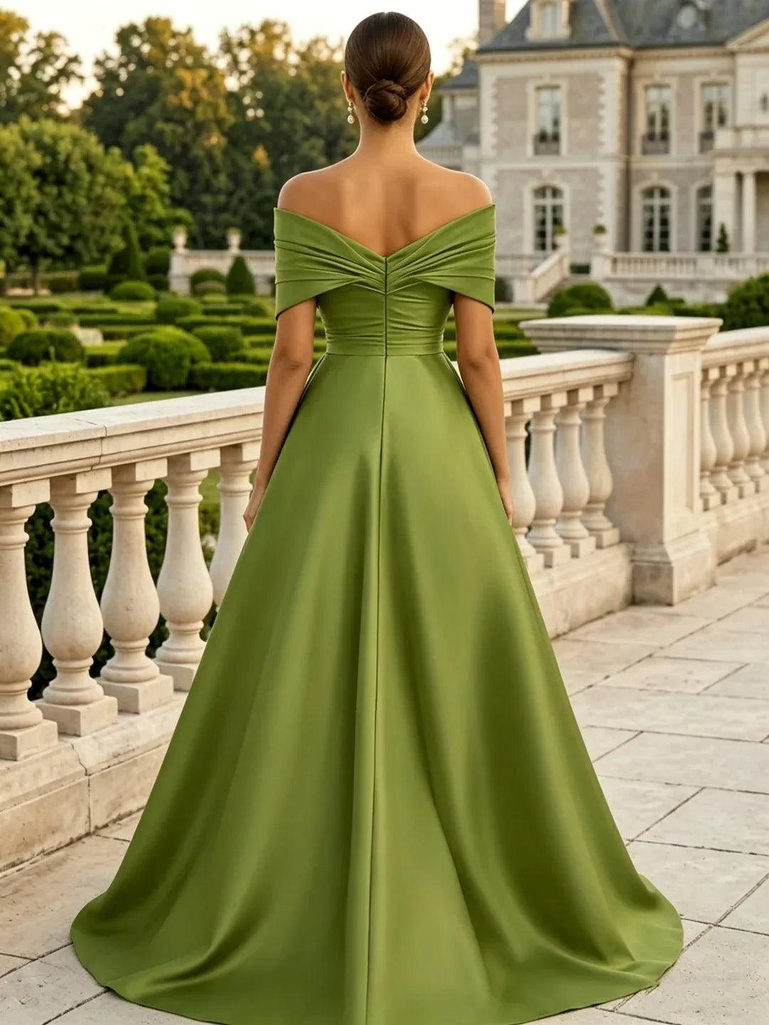 Elegant A-Line Off-Shoulder Short-Sleeve Zip-Back Floor-Length Mother of the Bride Dress