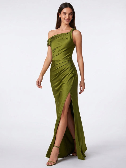 Front view of Loverlm olive green satin one-shoulder evening dress with ruched waist and thigh-high slit
