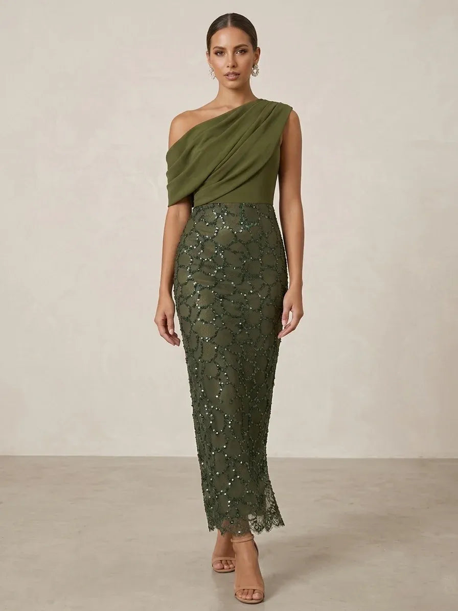 Loverlm olive green one-shoulder sequin mother of the bride dress