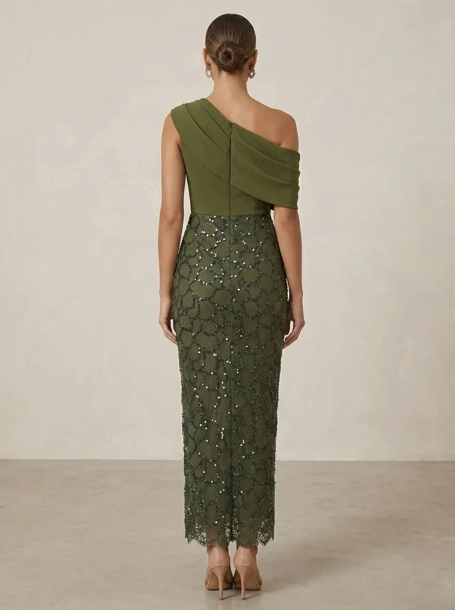 Elegant Sheath One-Shoulder Sleeveless Zip-Back Sequin Midi Mother of the Bride Dress