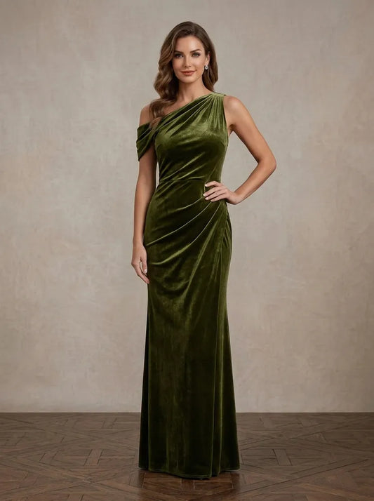 Loverlm olive green Mother of the Bride dress with one-shoulder neckline velvet fabric side ruching and floor-length sheath silhouette