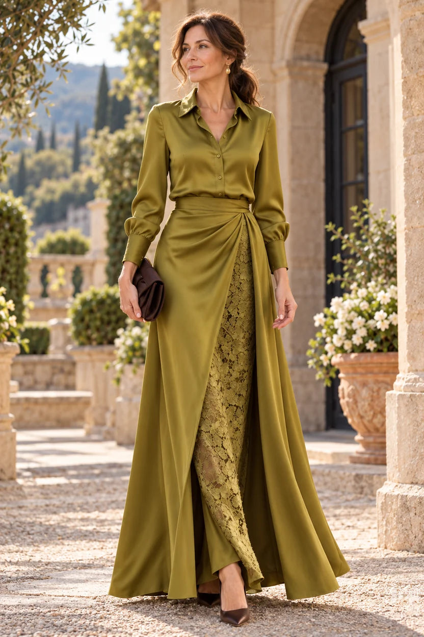Loverlm olive green satin collared V-neck Mother of the Bride dress with floral lace wrap skirt front view