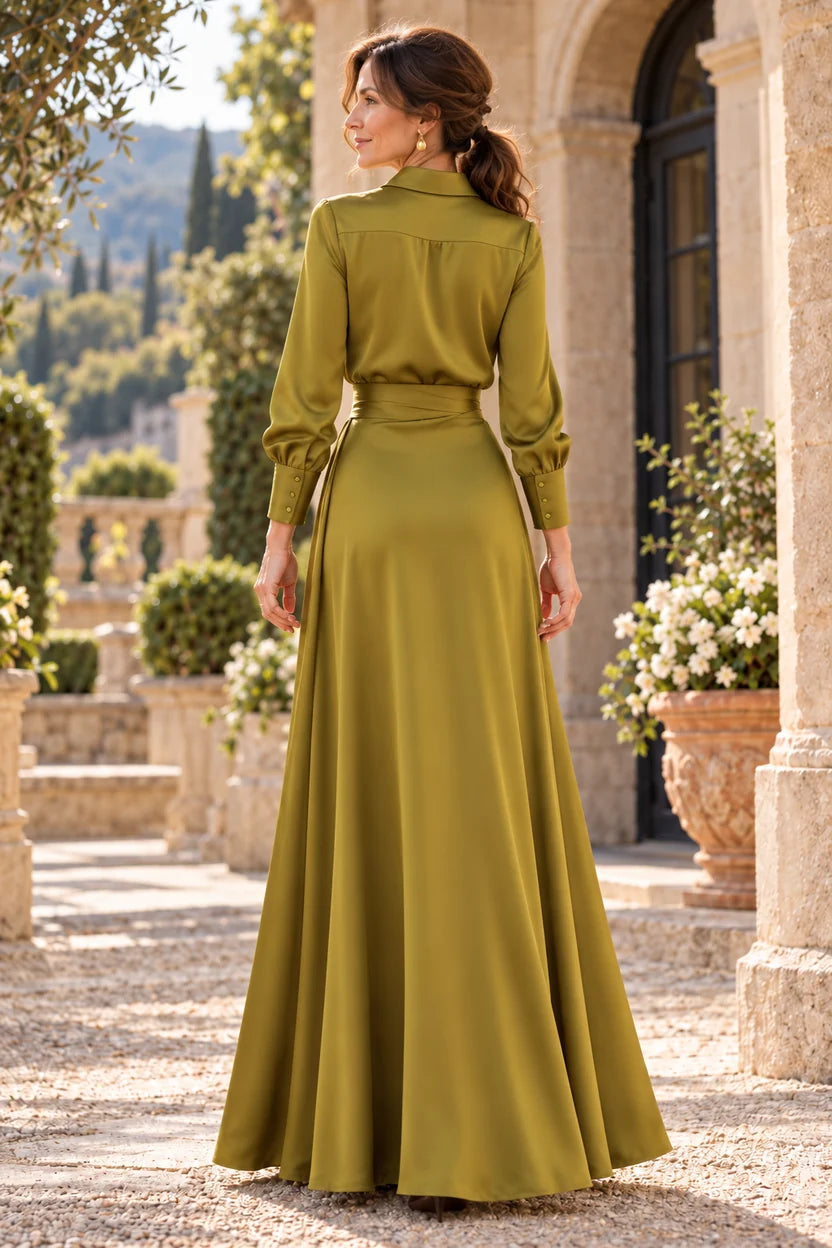 Elegant A-Line Collared V-Neck Long Sleeve Satin Floor-Length Mother of the Bride Dress