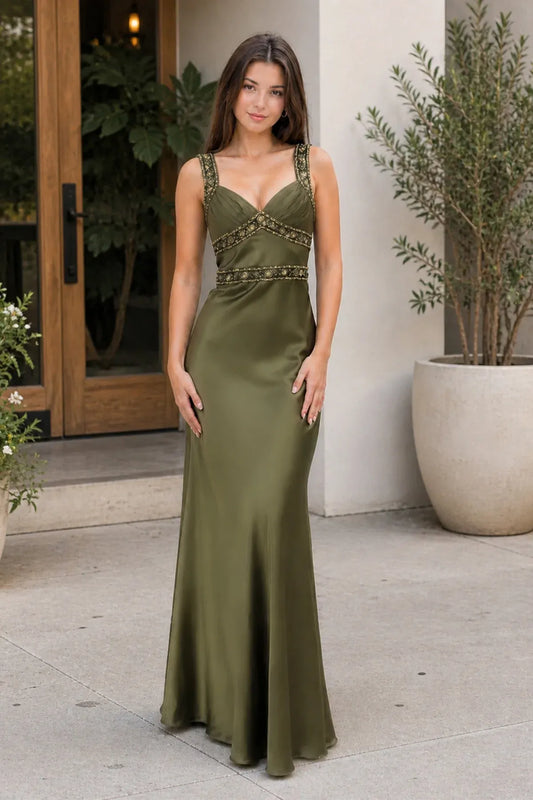 Elegant Olive-Green Satin Sheath Sweetheart Beaded-Strap Embellished Back Long Prom Dress