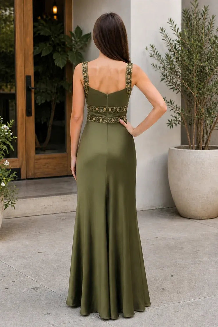 Elegant Olive-Green Satin Sheath Sweetheart Beaded-Strap Embellished Back Long Prom Dress