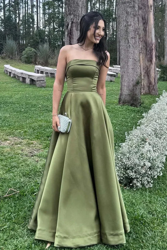 Loverlm olive green satin A-line prom dress with strapless bodice and full floor length skirt front view
