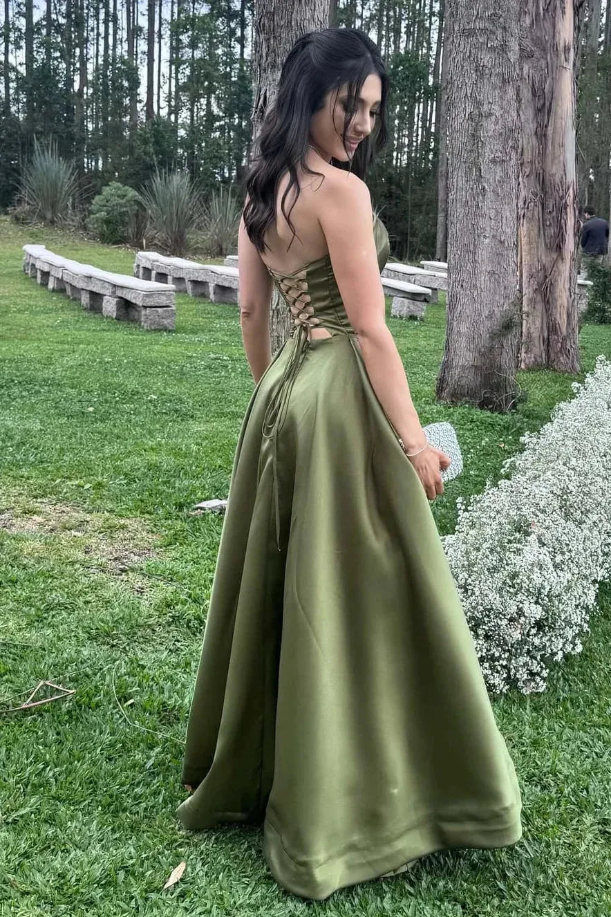 Elegant Satin A-Line Strapless Sleeveless Lace-Up Back Floor-Length Prom Dress