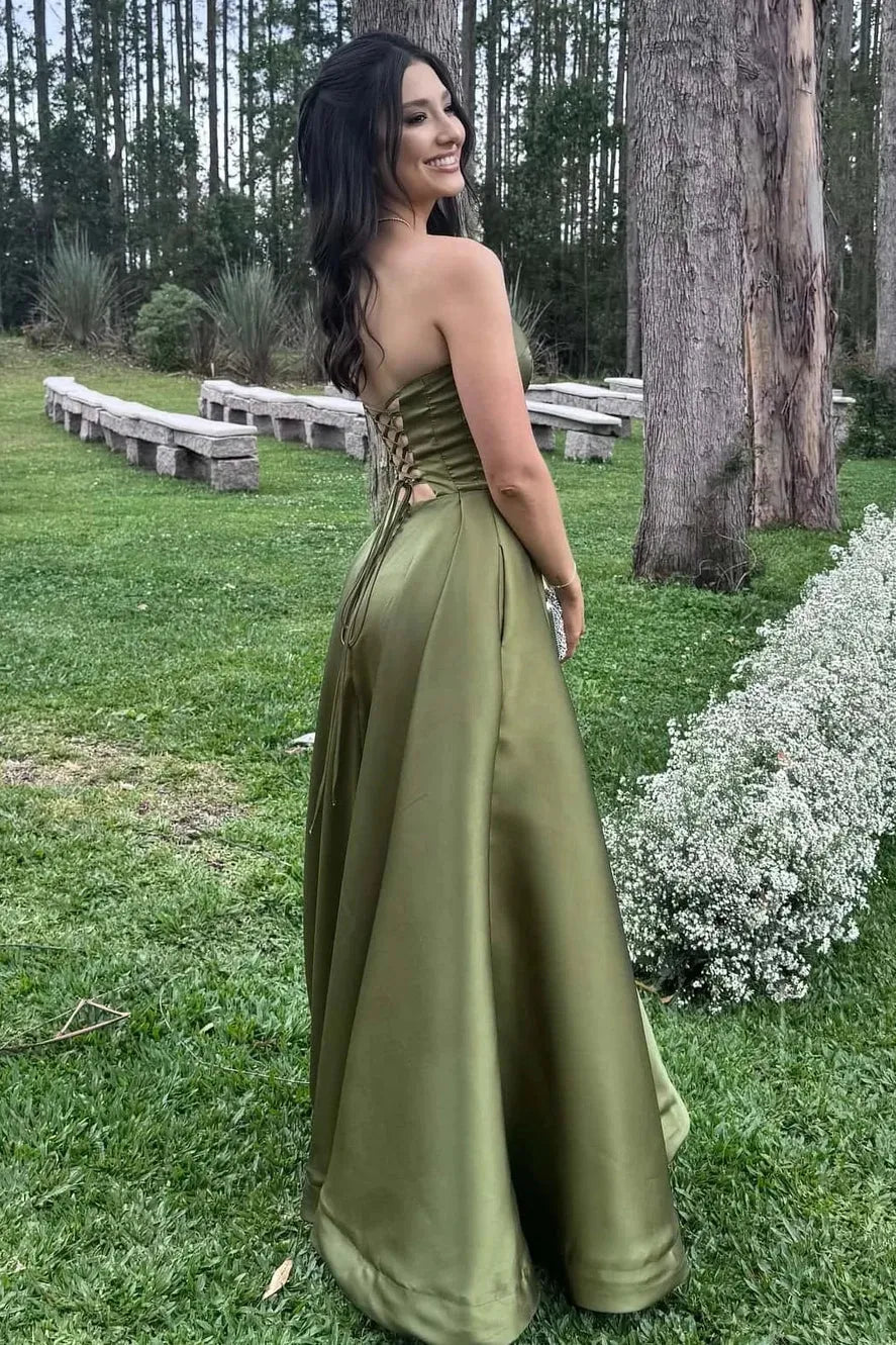 Elegant Satin A-Line Strapless Sleeveless Lace-Up Back Floor-Length Prom Dress