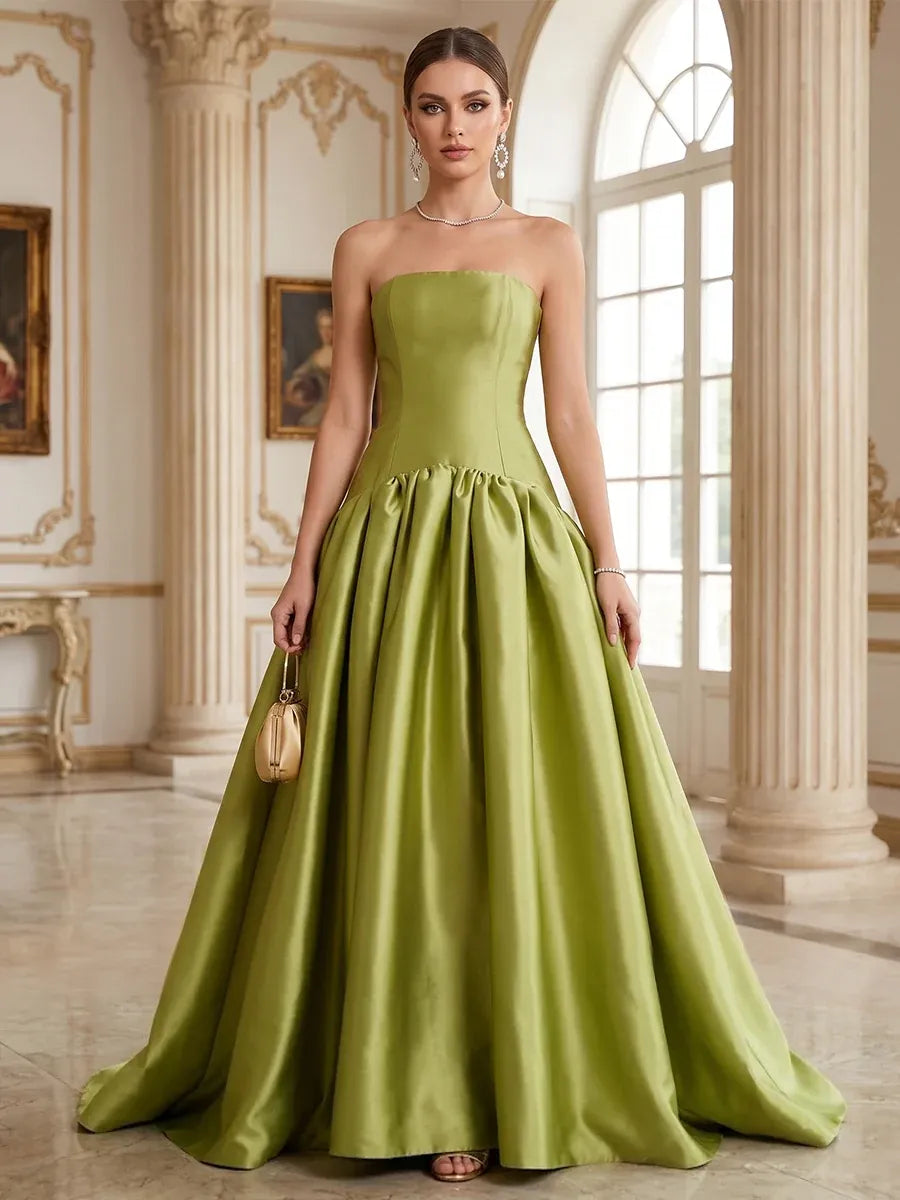 Front view of Loverlm olive green strapless satin-look prom dress with straight neckline, Basque waist and full A-line skirt