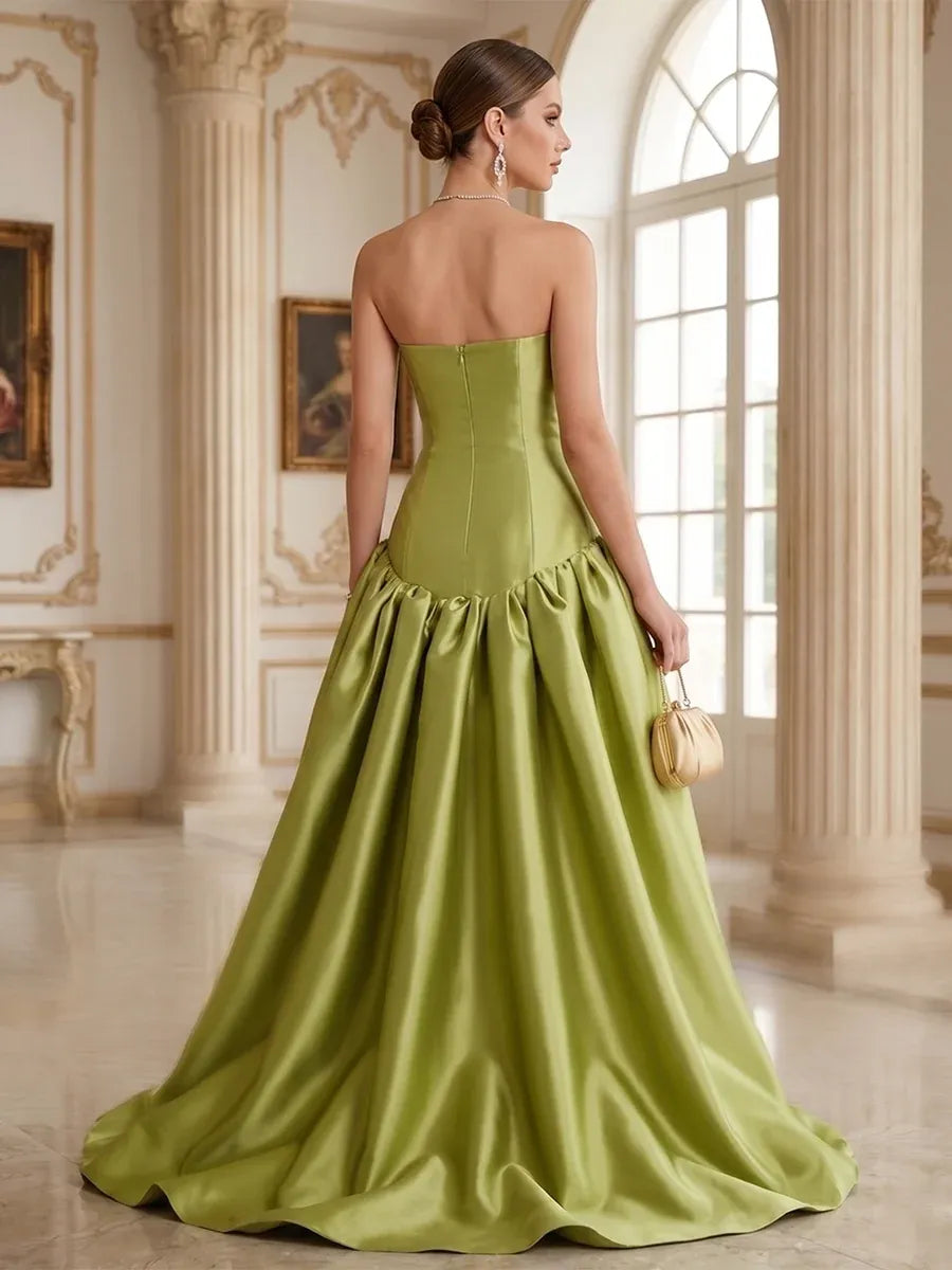 Elegant A-Line Straight-Neck Strapless Zipper-Back Floor-Length Satin Prom Dress