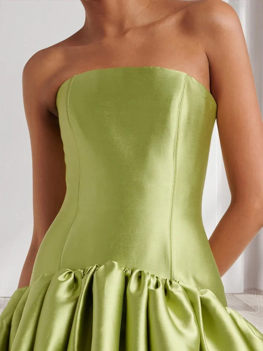 Elegant A-Line Straight-Neck Strapless Zipper-Back Floor-Length Satin Prom Dress