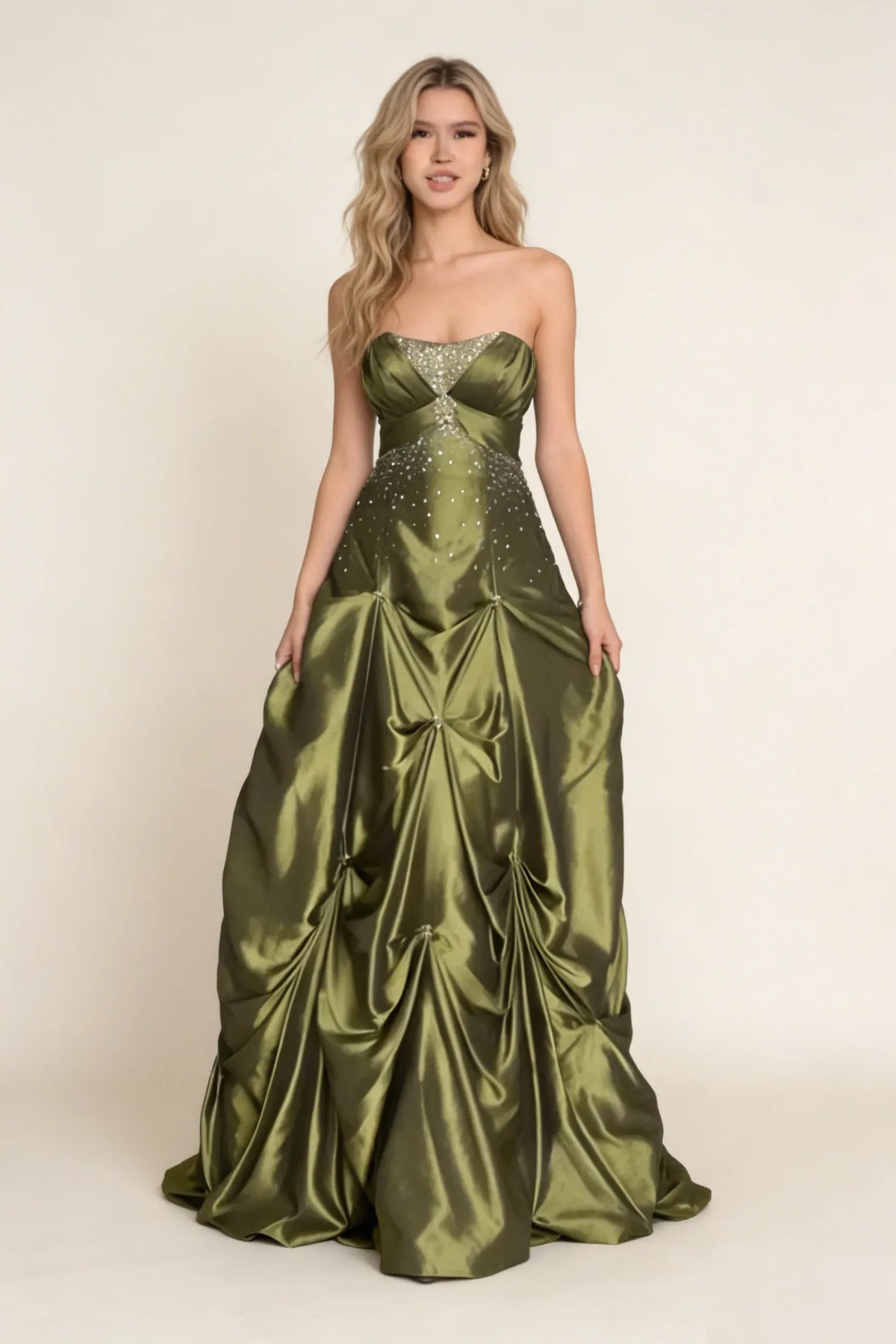 Loverlm olive green vintage A-line evening dress with strapless sweetheart neckline, sparkling beading and dramatic pick-up skirt, front view