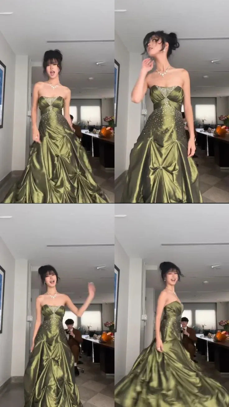 Vintage A-Line Strapless Sleeveless Lace-Up Pick-Up Floor-Length Beaded Evening Dress