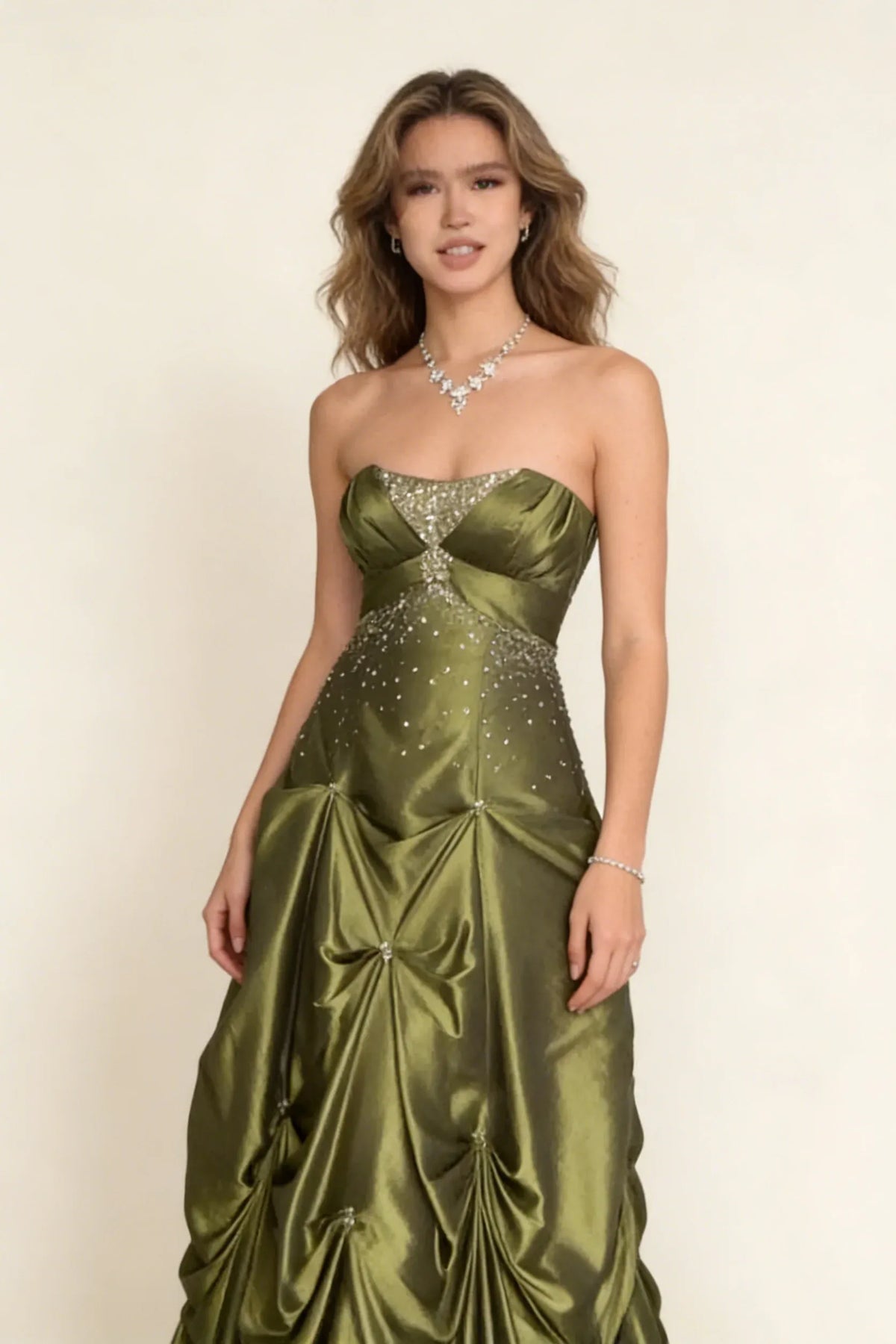 Vintage A-Line Strapless Sleeveless Lace-Up Pick-Up Floor-Length Beaded Evening Dress