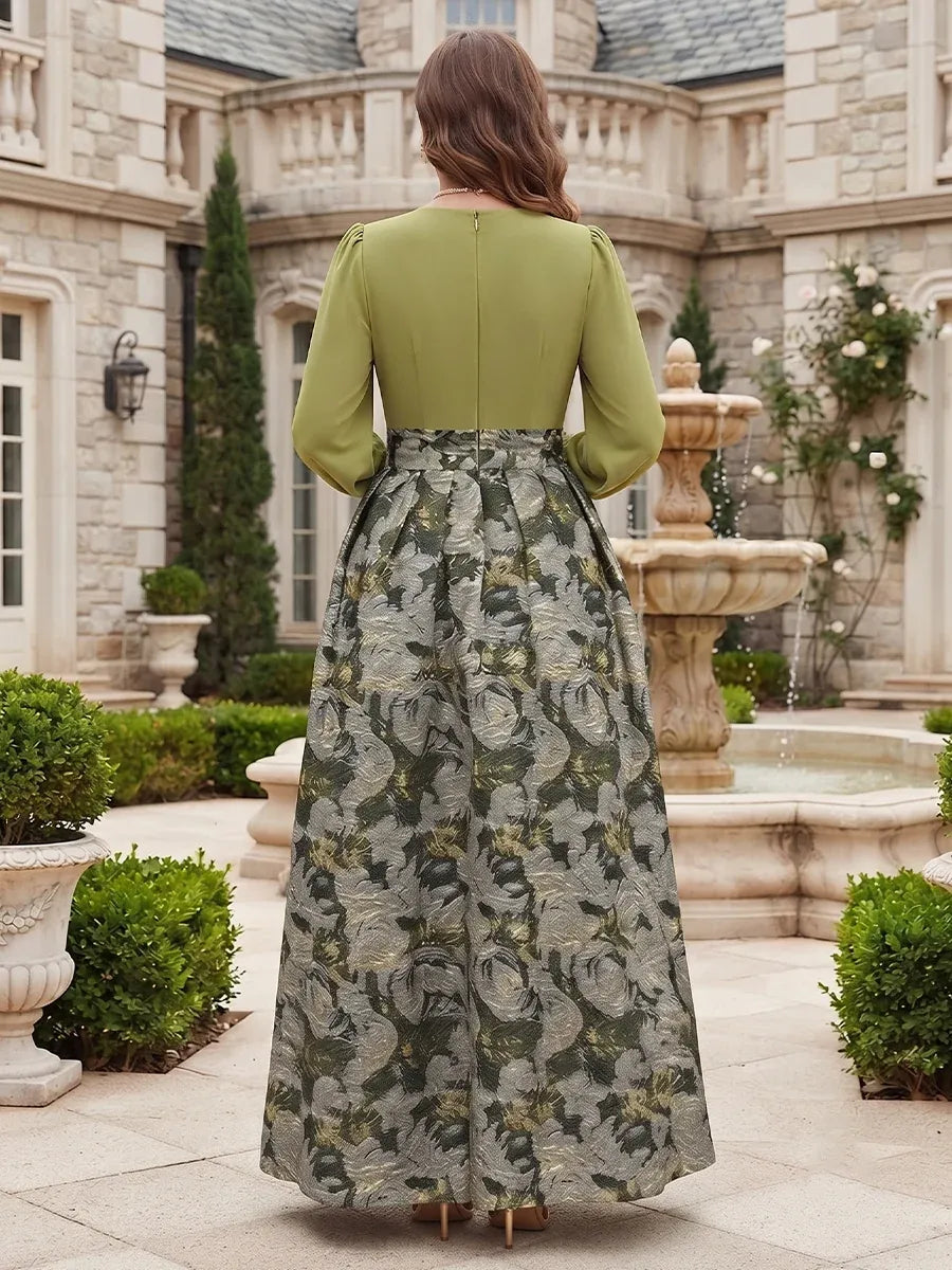 Elegant A-Line V-Neck Long Sleeve Closed Back Floral Mother of the Bride Dress