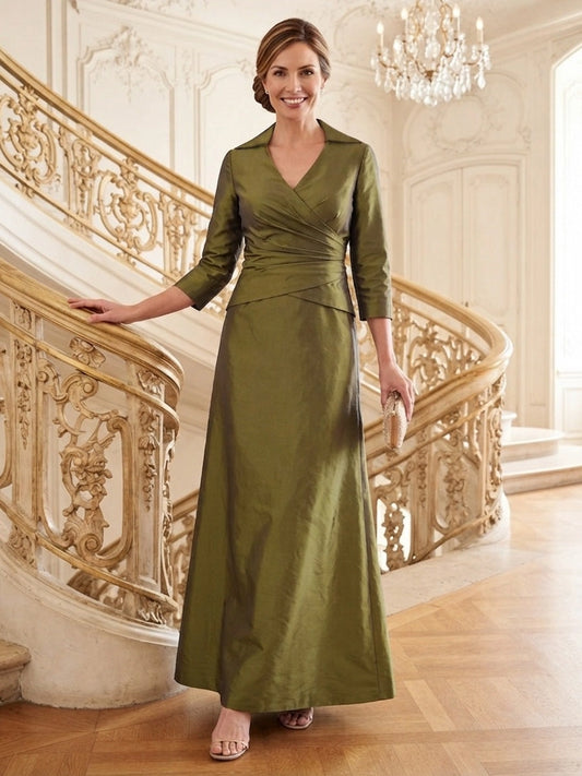 Loverlm olive green V-neck 3/4 sleeve ruched waist A-line Mother of the Bride dress front view