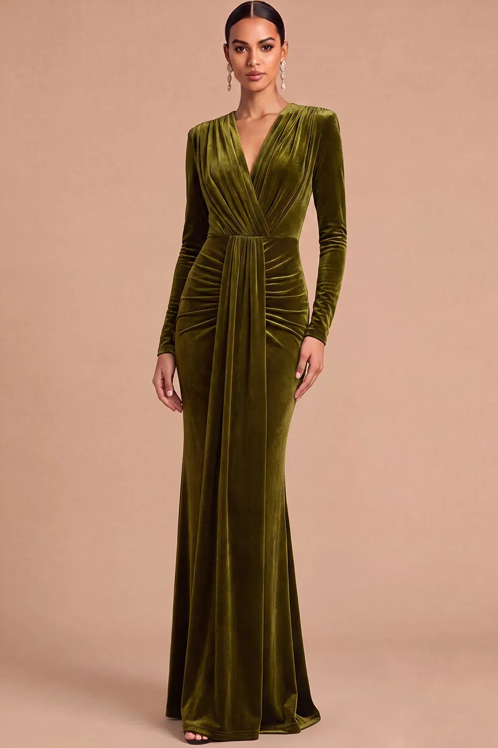Loverlm olive green velvet mermaid evening dress with deep V-neckline, long sleeves, ruched waist and floor-length draped skirt