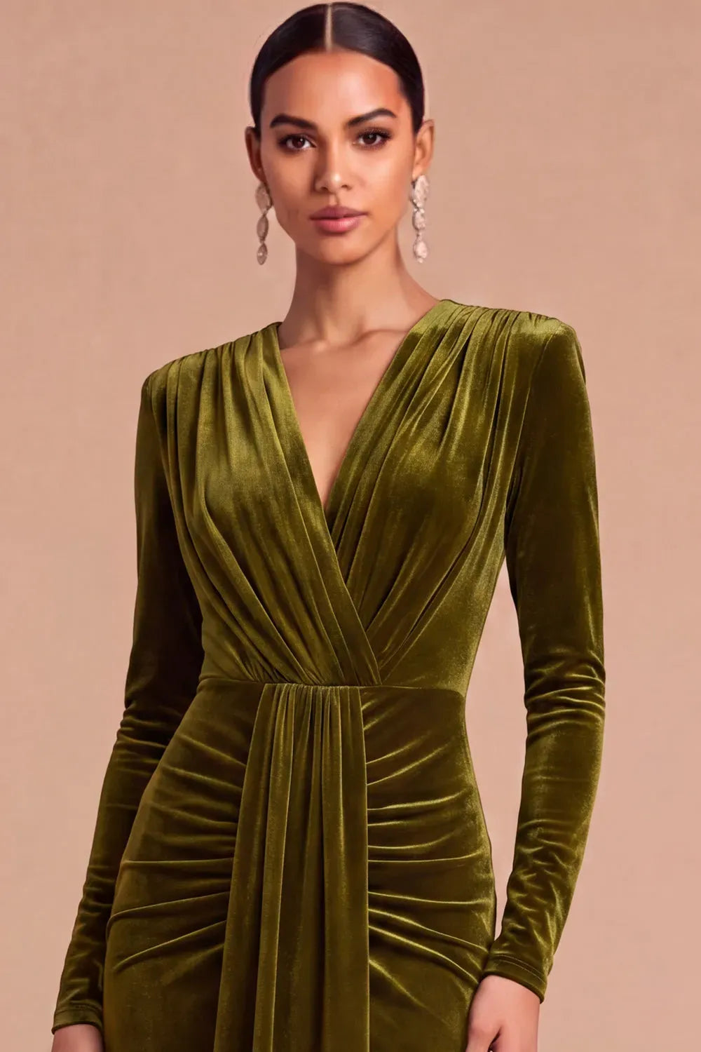 Elegant Mermaid V-Neck Long Sleeve Zip Back Velvet Floor-Length Evening Dress