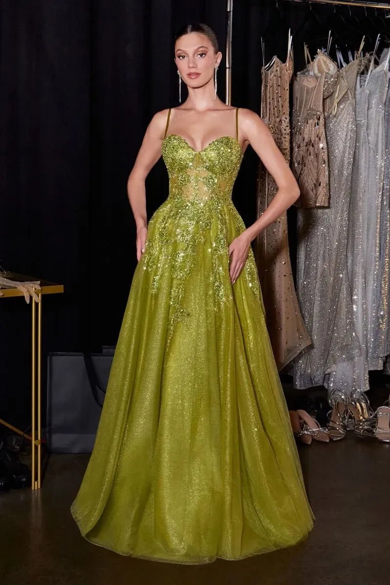 Loverlm olive green embellished sweetheart A-line prom dress front