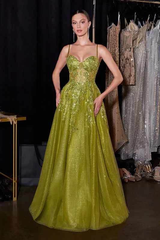Loverlm olive green embellished sweetheart A-line prom dress front