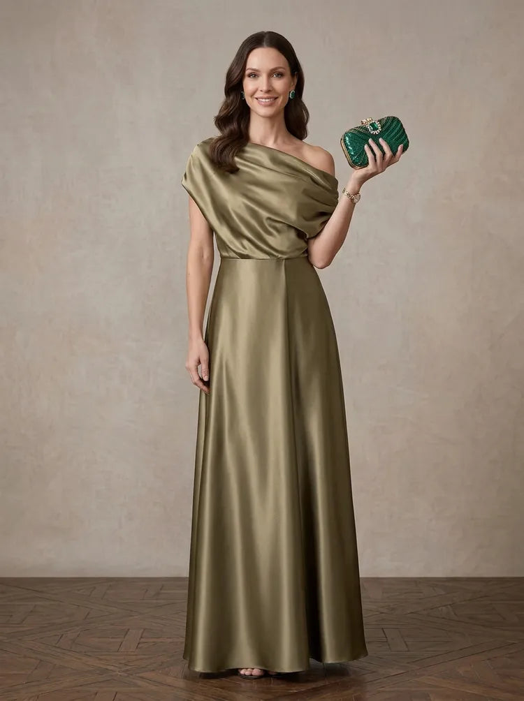 Loverlm olive satin Mother of the Bride dress with one-shoulder draped neckline defined waist and floor-length A-line skirt