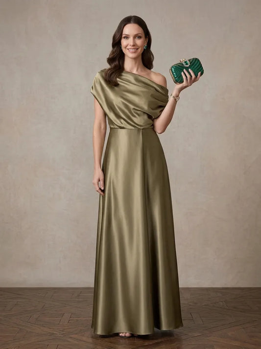 Loverlm olive satin Mother of the Bride dress with one-shoulder draped neckline defined waist and floor-length A-line skirt