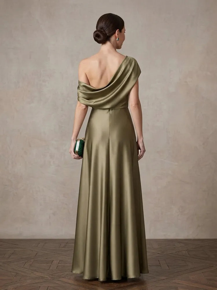 Elegant A-Line One-Shoulder Sleeveless Satin Floor-Length Mother of the Bride Dress