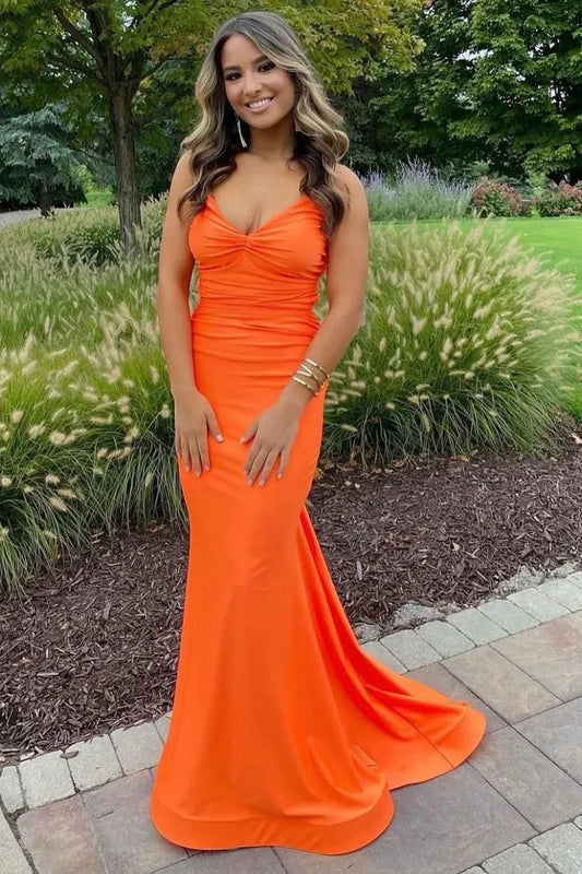 Vibrant Mermaid V-Neck Sleeveless Lace-Up Back Floor-Length Prom Dress