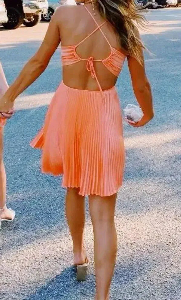 Playful A-Line V-Neck Spaghetti Strap Lace-Up Pleated Mini Homecoming Dress