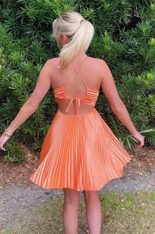 Playful A-Line V-Neck Spaghetti Strap Lace-Up Pleated Mini Homecoming Dress