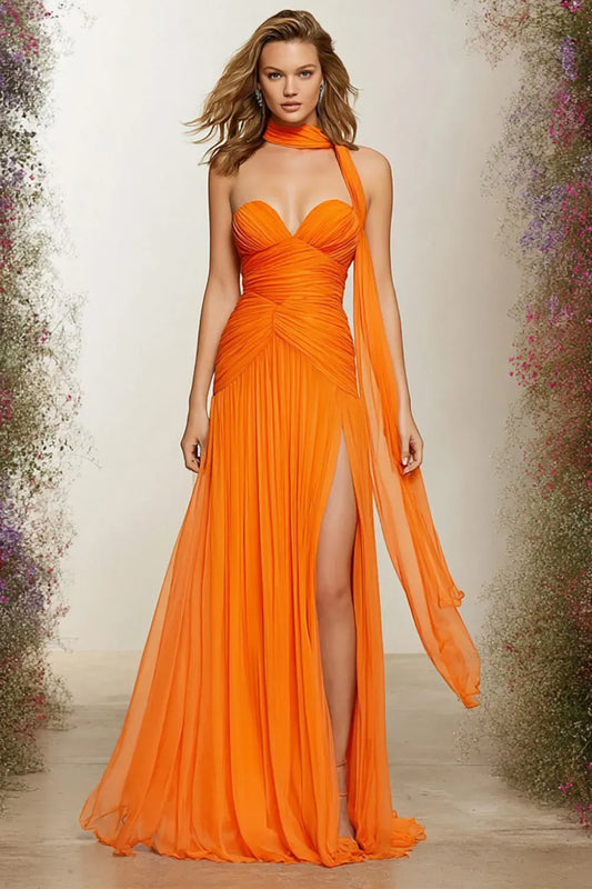 Loverlm vibrant orange chiffon prom dress front view featuring a strapless sweetheart neckline, ruched waist, thigh-high slit and matching neck scarf