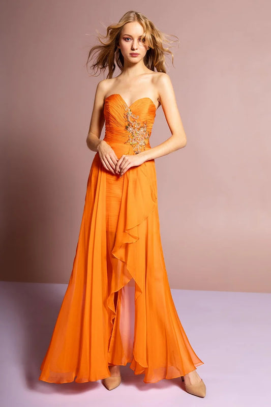 Loverlm orange sweetheart strapless chiffon prom dress with ruched embellished bodice