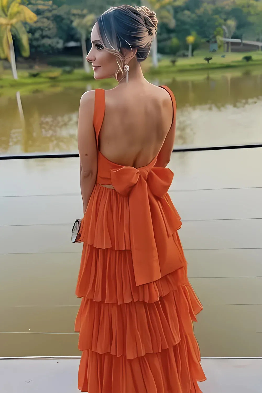 Vibrant Chiffon A-Line Square Neck Sleeveless Bow Back Maxi Wedding Guest Dress